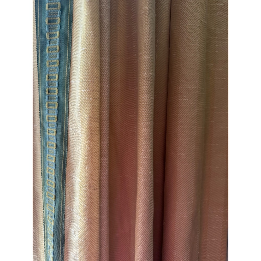 Pair Custom Pinch Pleat Lined Curtains Pale Yellow Herringbone Ribbon Trim 94 in